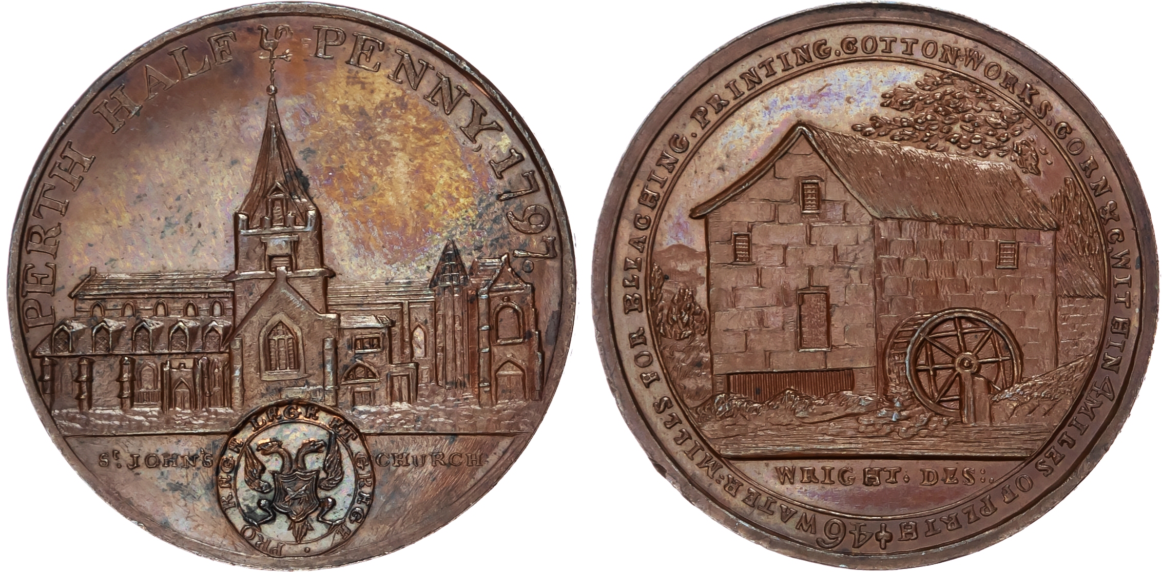 Perths. Perth, John Ferrier (hosier), Wright's Halfpenny 1797, view of St. John’s Church, town arms in a sunke…