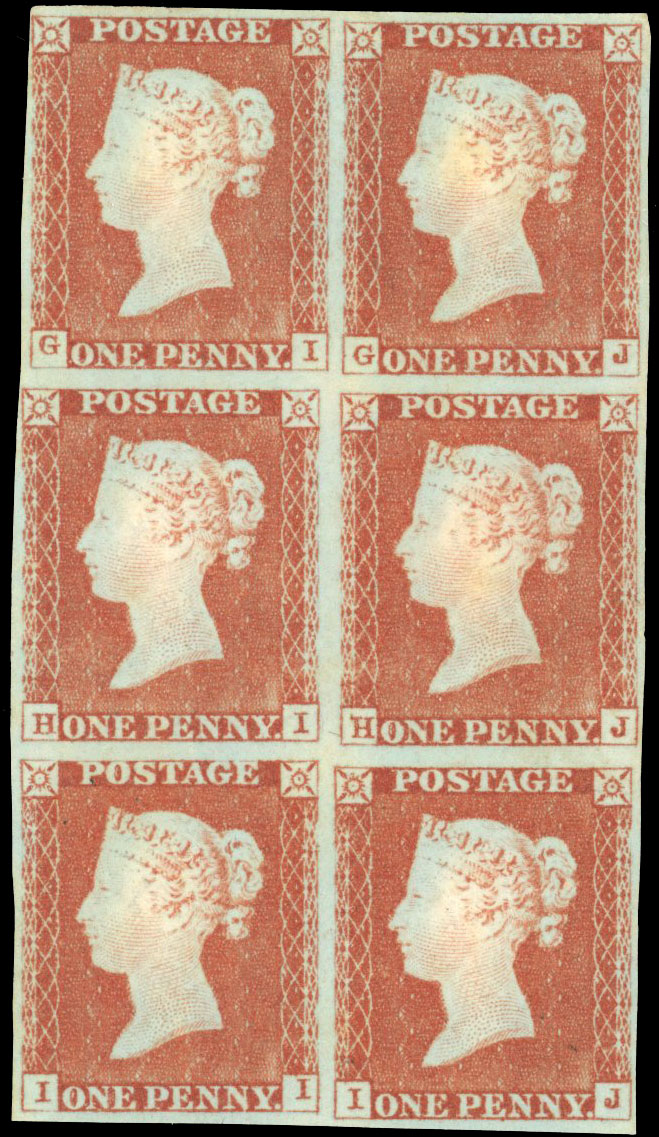 1841 1d Red-brown Pl.45. Unused o.g. block of six