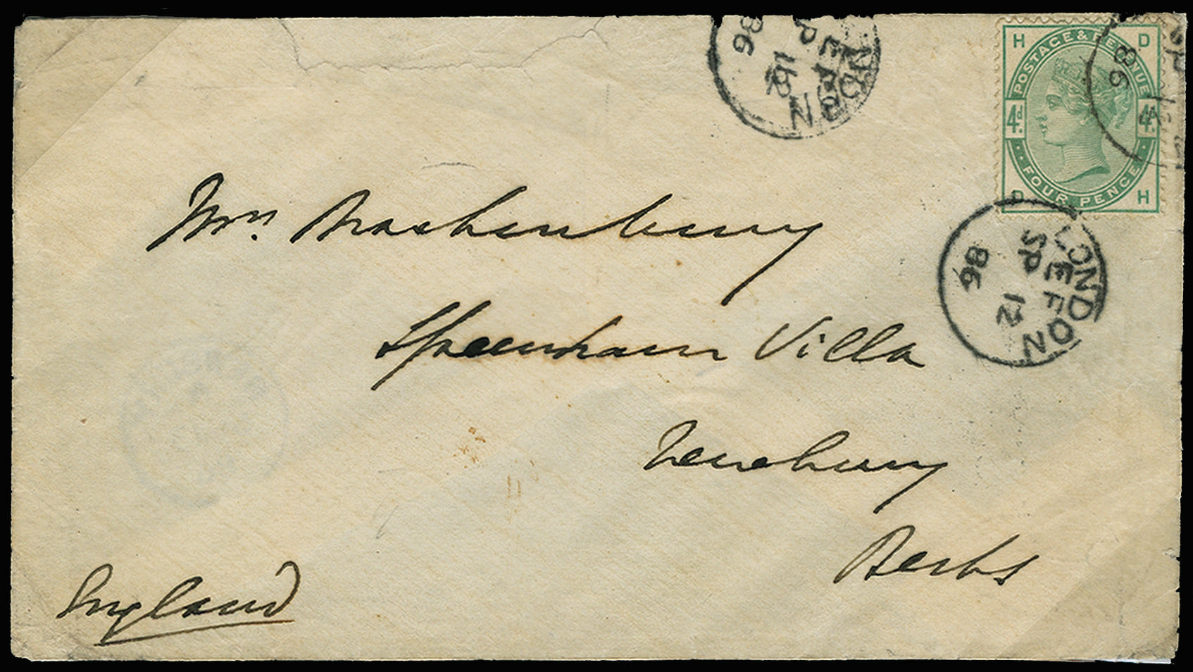 GB 1886 SG 192 on incoming cover