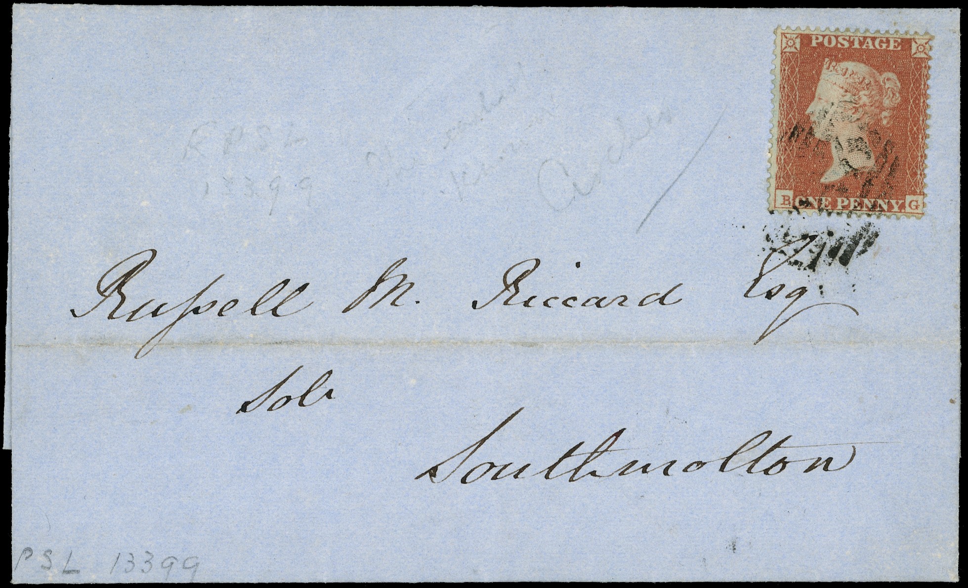 1850 1d Red brown "Archer" Pl.99 Earliest recorded Archer cover.