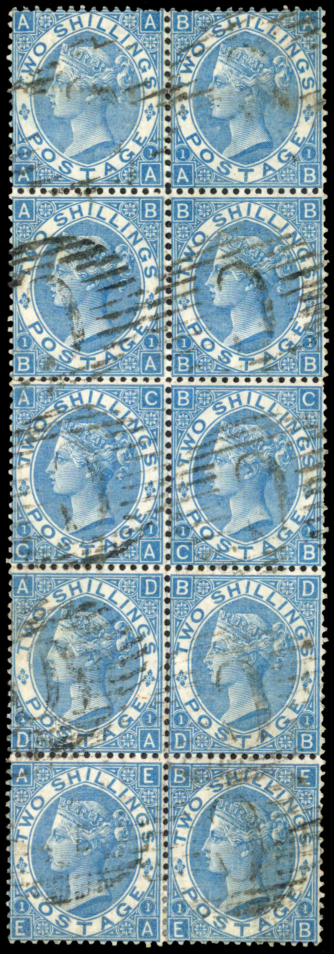 1867 2s Dull Blue Pl.1 (SG118, AA-EB). Wonderful used block of ten