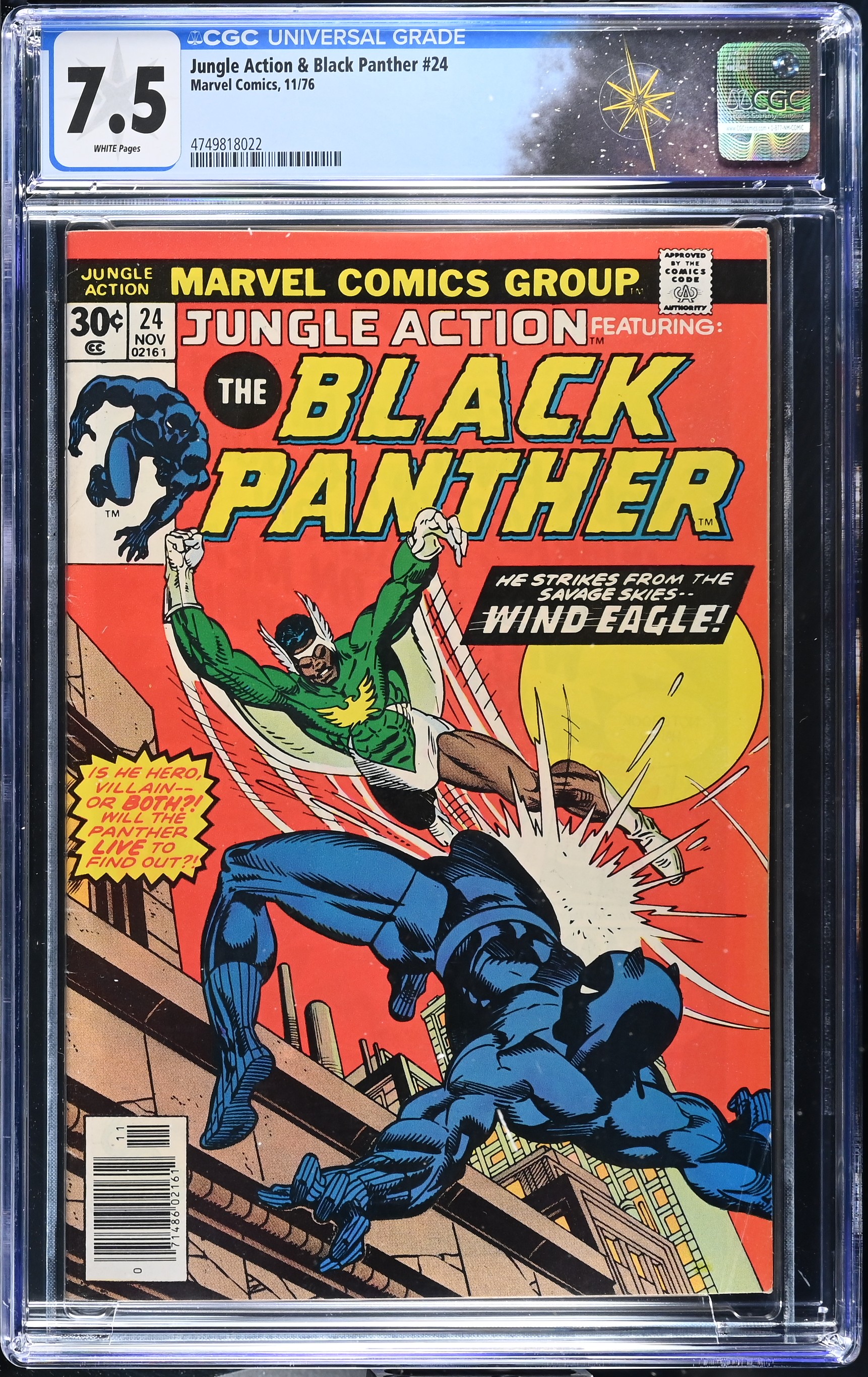 Jungle Action & Black Panther #24 CGC 7.5 1st Appearance of Wind Eagle (Marvel Comics, 1976) White Pages