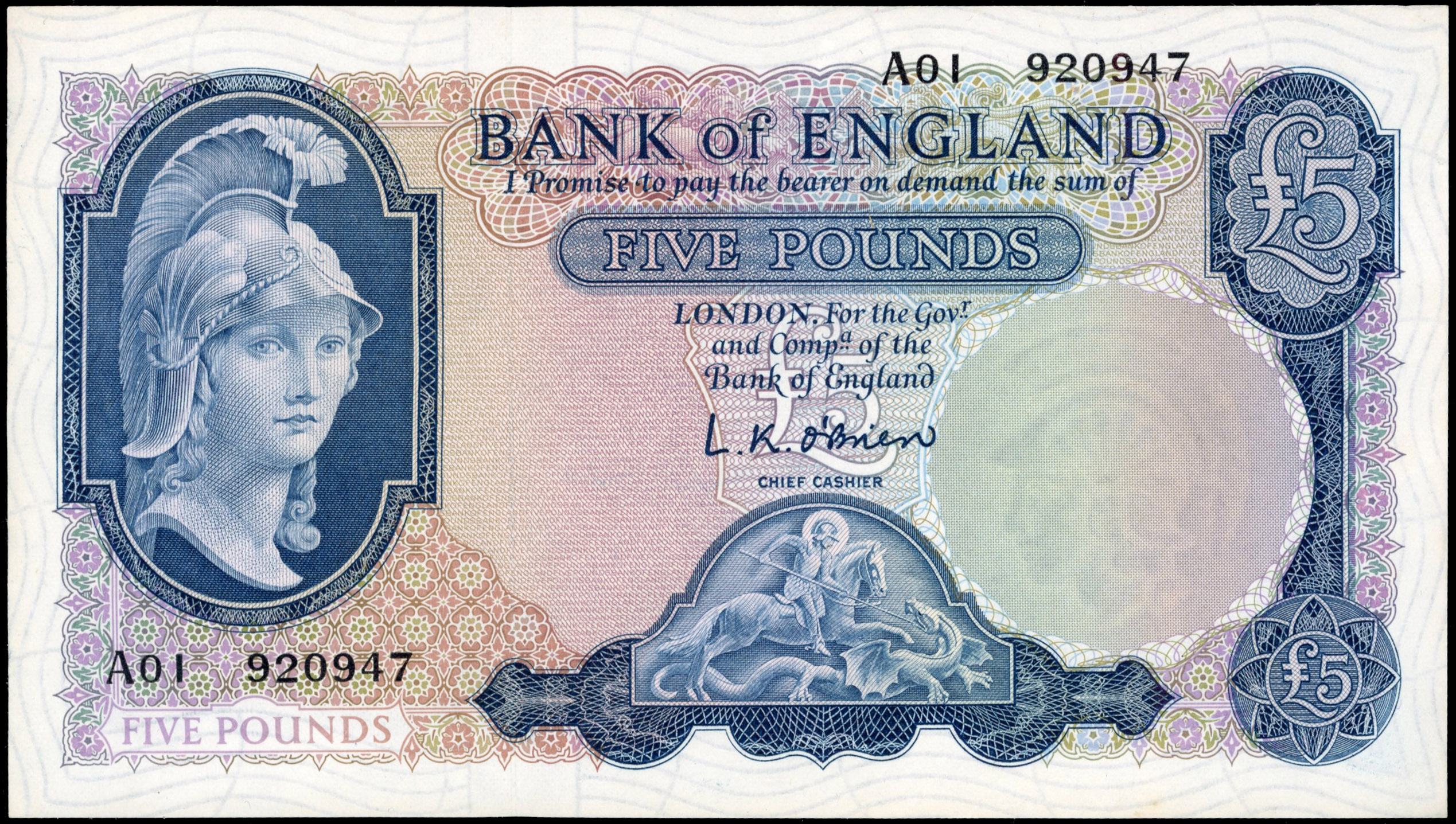 Bank of England, L K O’Brien, Blue Five Pounds, London, (1957-67), D76 876646, (Dugg. B277). Good Extremely Fi…