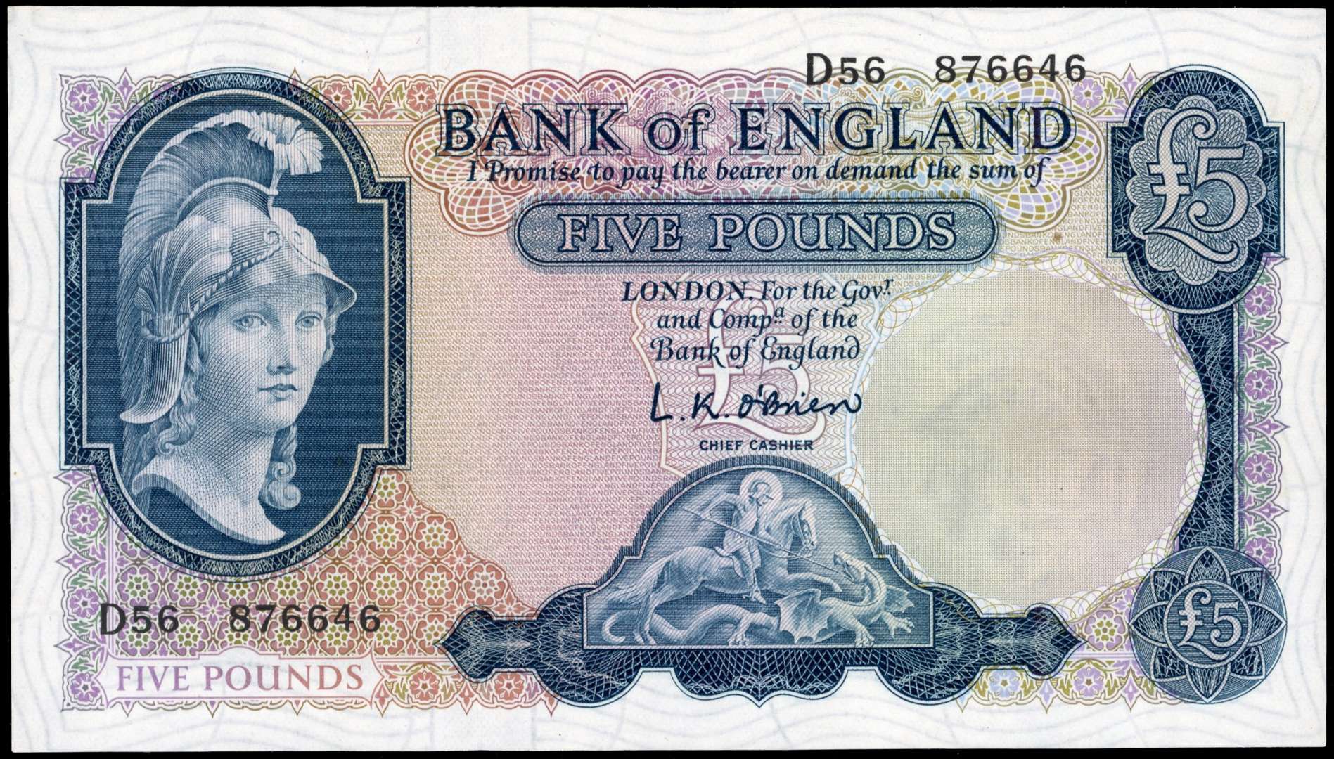 Bank of England, L K O’Brien, Blue Five Pounds, London, (1957-67), D76 876646, (Dugg. B277). Good Extremely Fi…