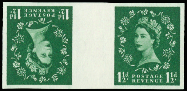 GB 1955 1½d Green "Wilding" (Wmk. St Edwards Crown). Superb unmounted o.g. imperforate tête-bêche … SG542var