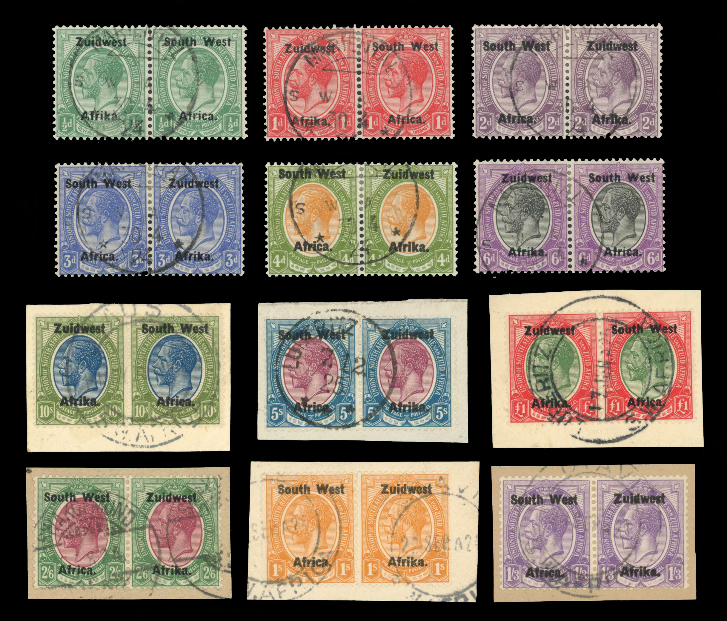 South West Africa SG 16-27 1923 Third Setting set pairs used