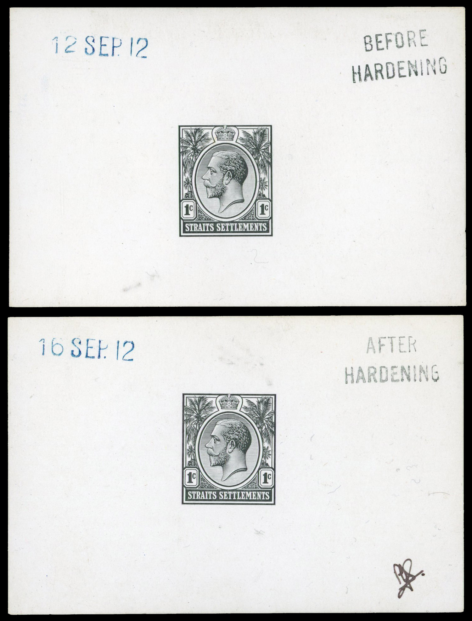 Straits Settlements 1912 KGV 1c die proofs in black BEFORE and AFTER HARDENING