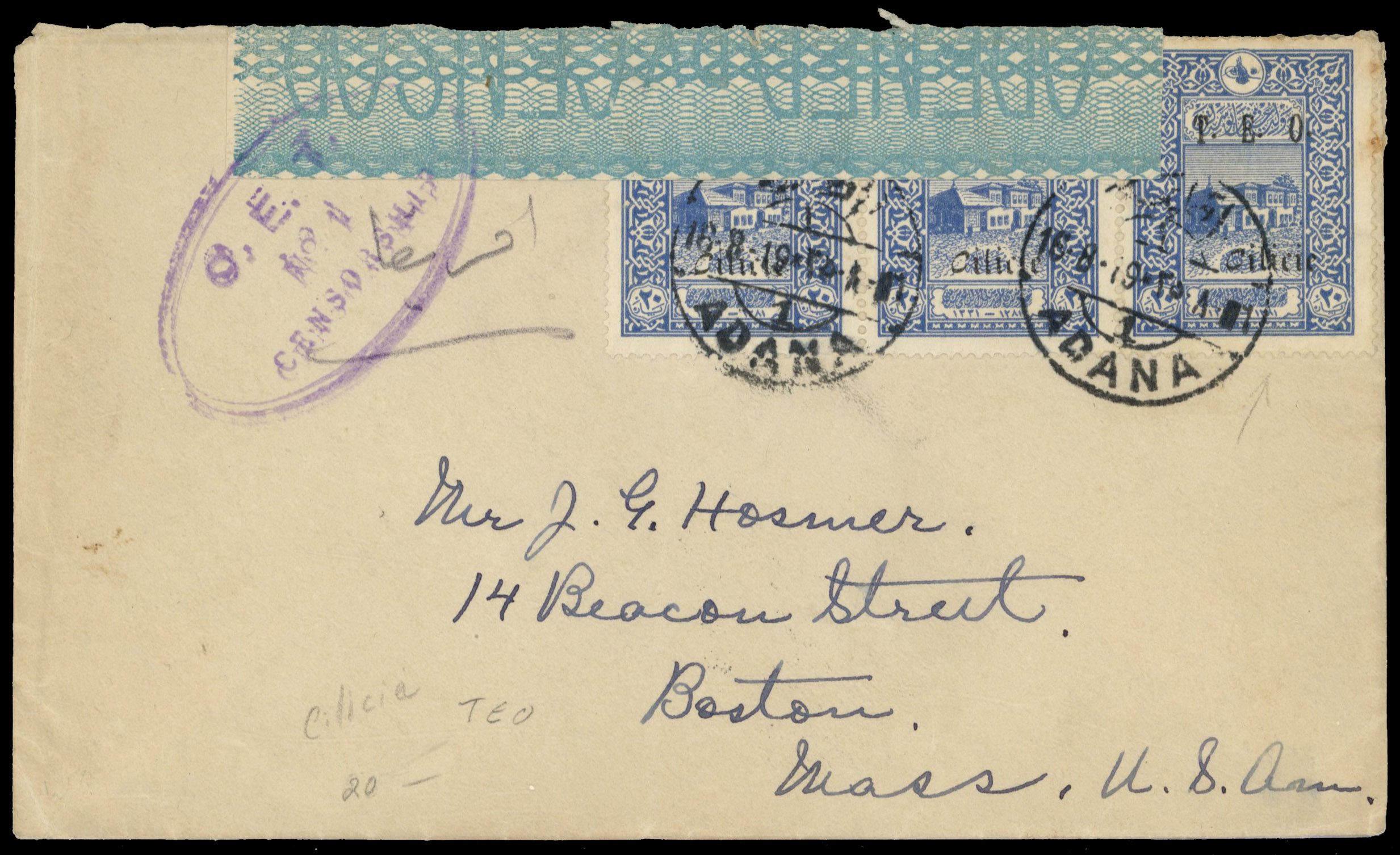 Syria Cilicie 1919 censored cover to Boston