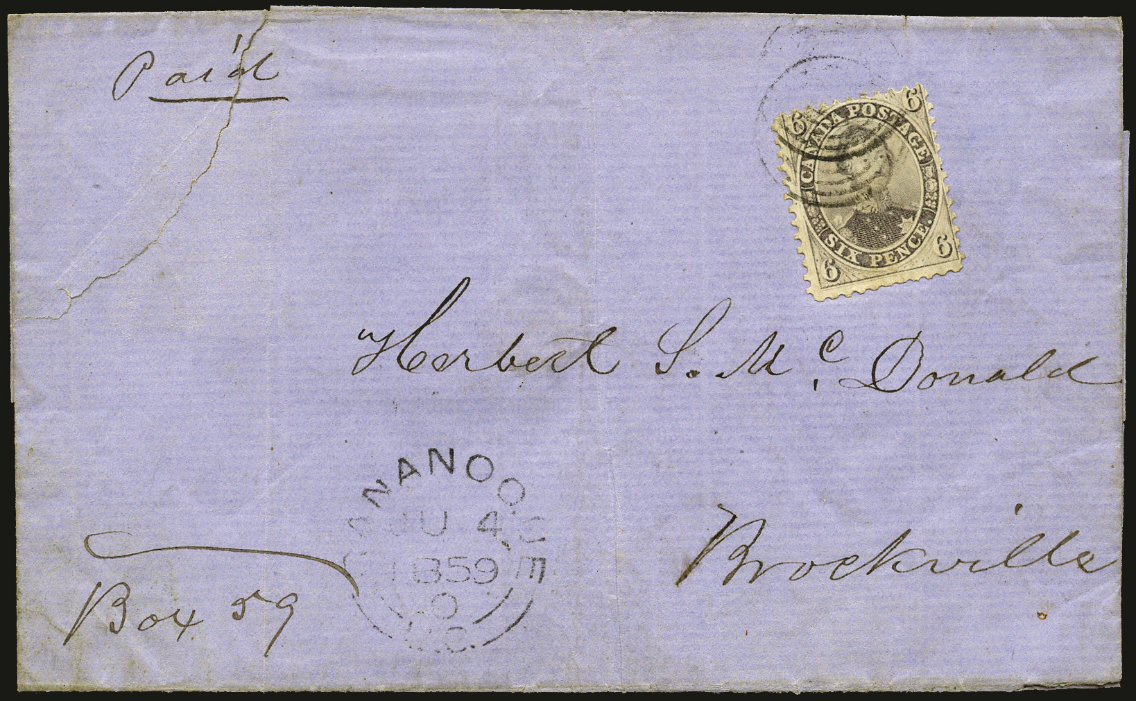 Canada 1859 cover to Brockville franked by 6d Prince Consort SG 27a 