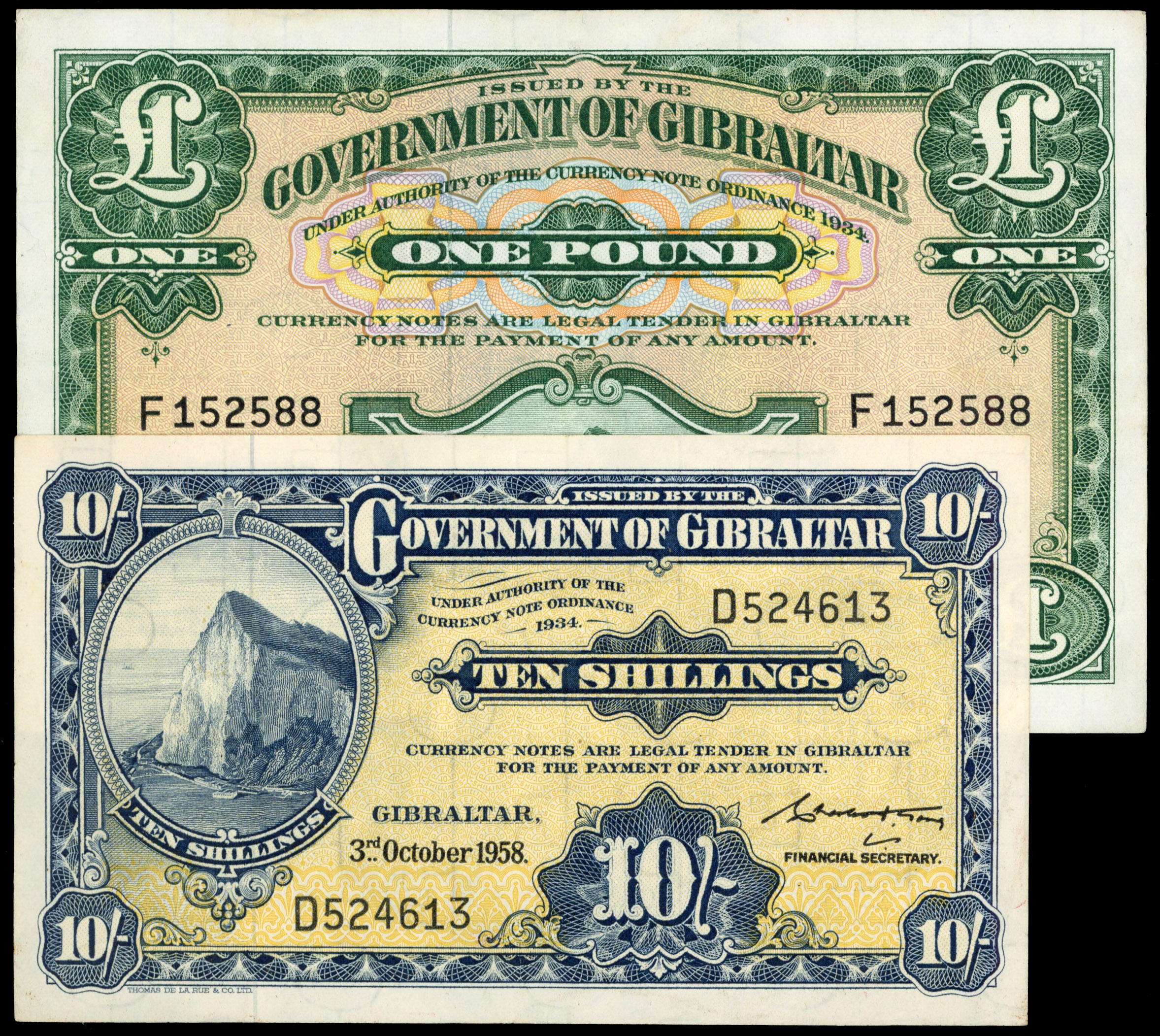 Gibraltar, Government, 3 October 1958, Ten Shillings, D 524613, security thread, signature of C. Gomez, (Pick …