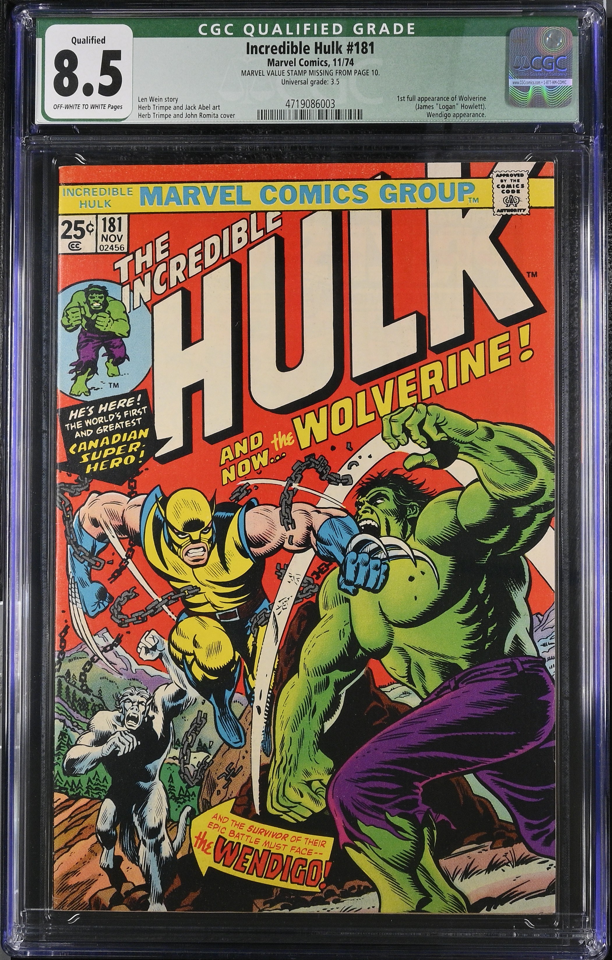 Incredible Hulk #181 CGC 8.5 Qualified 1st Full Appearance of Wolverine" (Marvel Comics, 1974) Off-White to White Pages