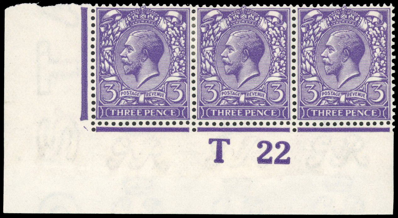 1922 3d Very deep violet. Unused o.g. bottom left hand corner marginal T22 control strip of three.