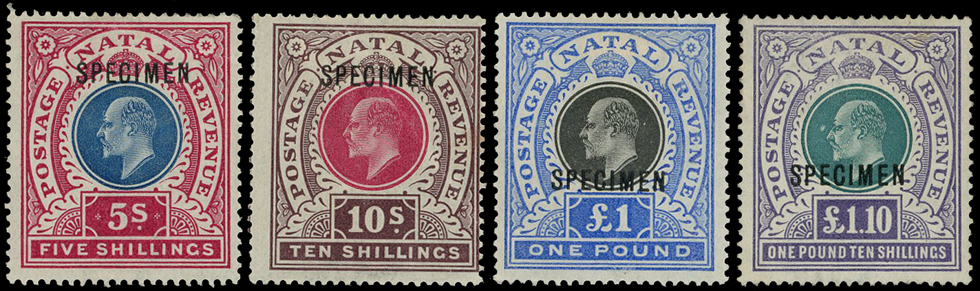 1902 5/- to £1/10/- values overprinted SPECIMEN Type D12, o.g.  The 10/- with an inconspicuous crease and the £1/10/- with...