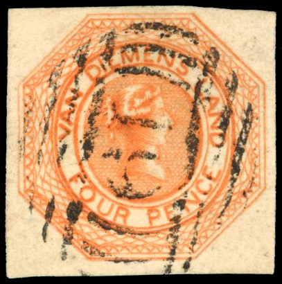 Tasmania SG 10 1853-5 4d orange with '19' numeral cancel