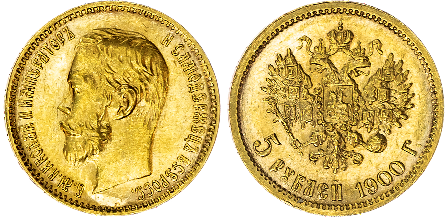 Russia , Nicholas II (1894-1917), gold 5 Roubles, 1900, initials ФЗ, St. Petersburg, 4.31g (Bit. 26). Very Fin…