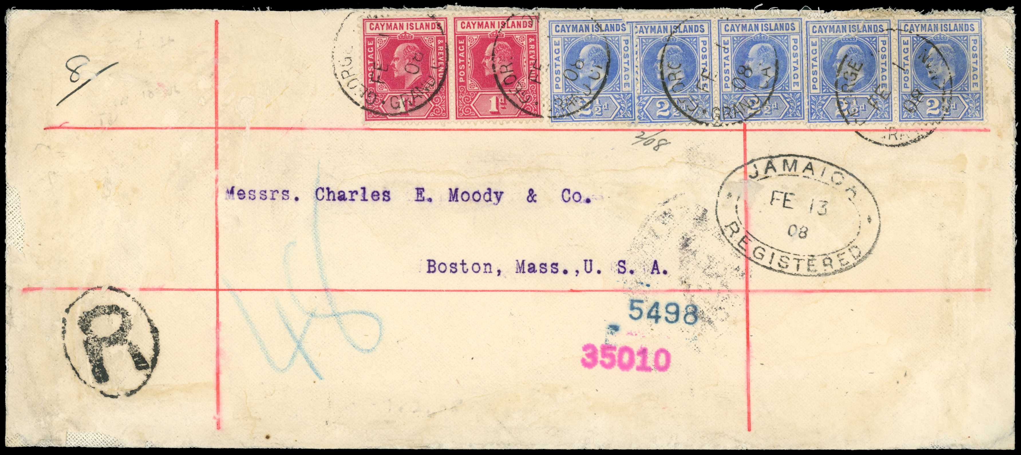 1908 Long registered cover rated at 1s 2½d...