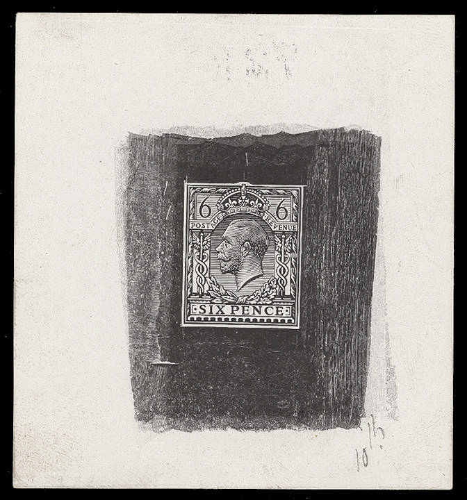Great Britain 1913 6d Die proof. Very fine uncleared example printed in black on white glazed card (70x76 mm) date…