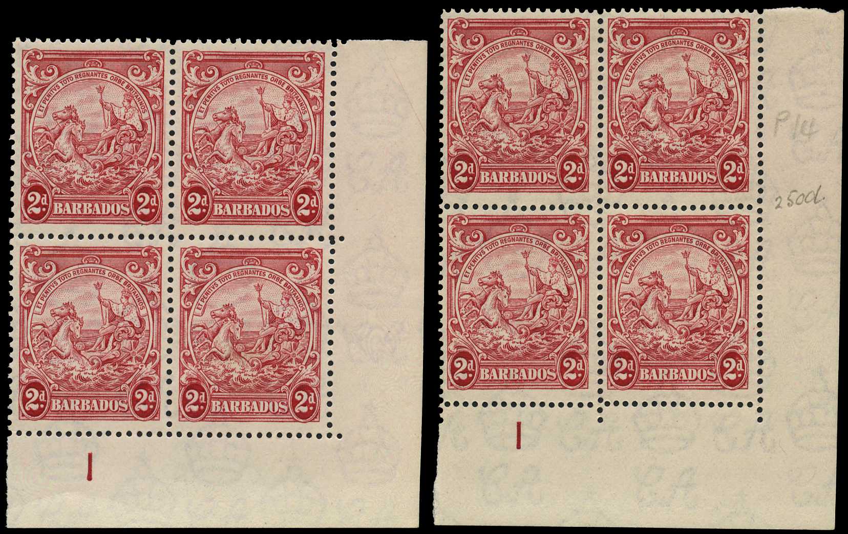 1943-4 2d carmine two Plate 1 blocks, perf 13½...