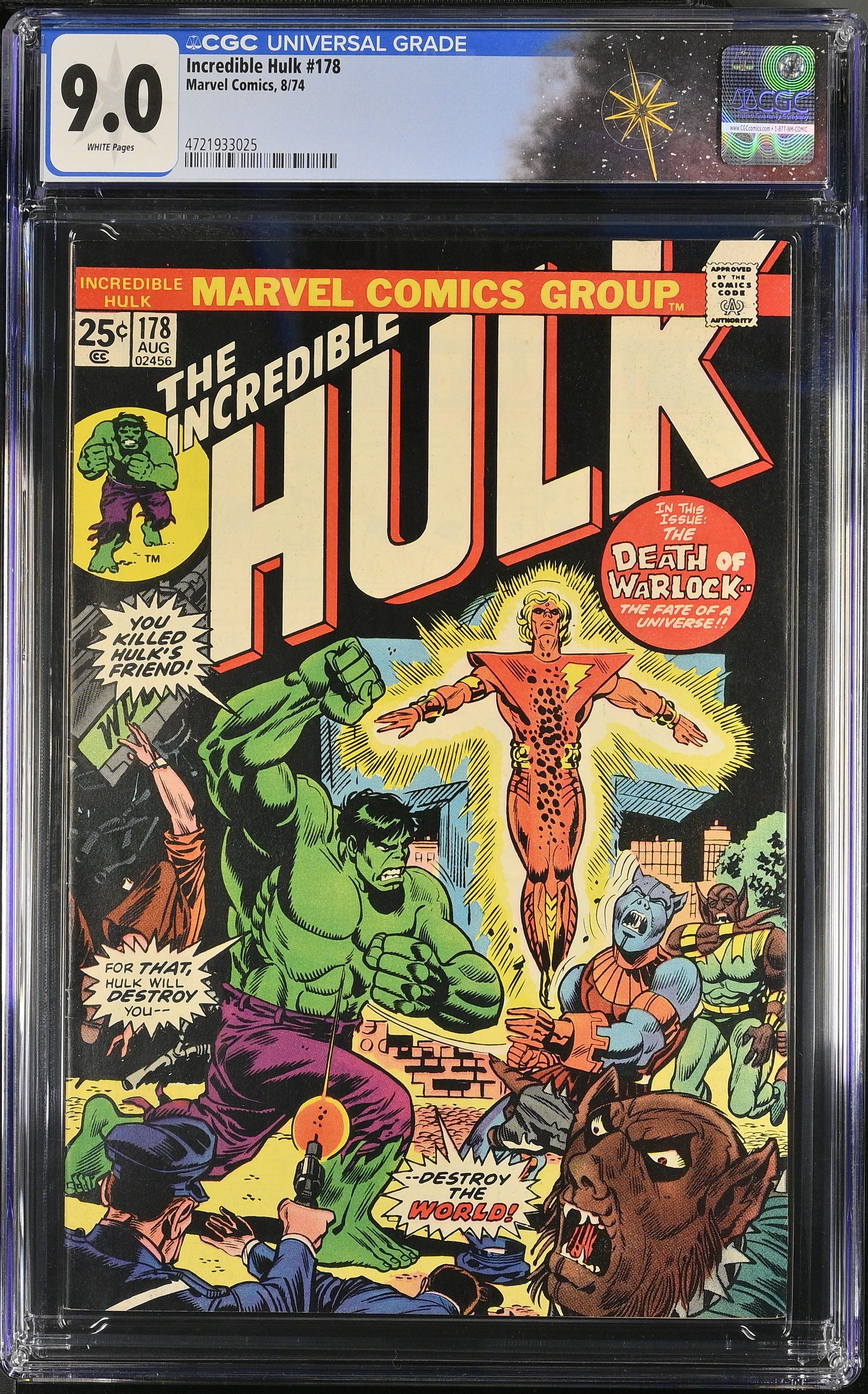 Incredible Hulk #178 CGC 9.0 "Triumph On Terra-Two" Death & Rebirth of Warlock (Marvel Comics, 1974) White Pages