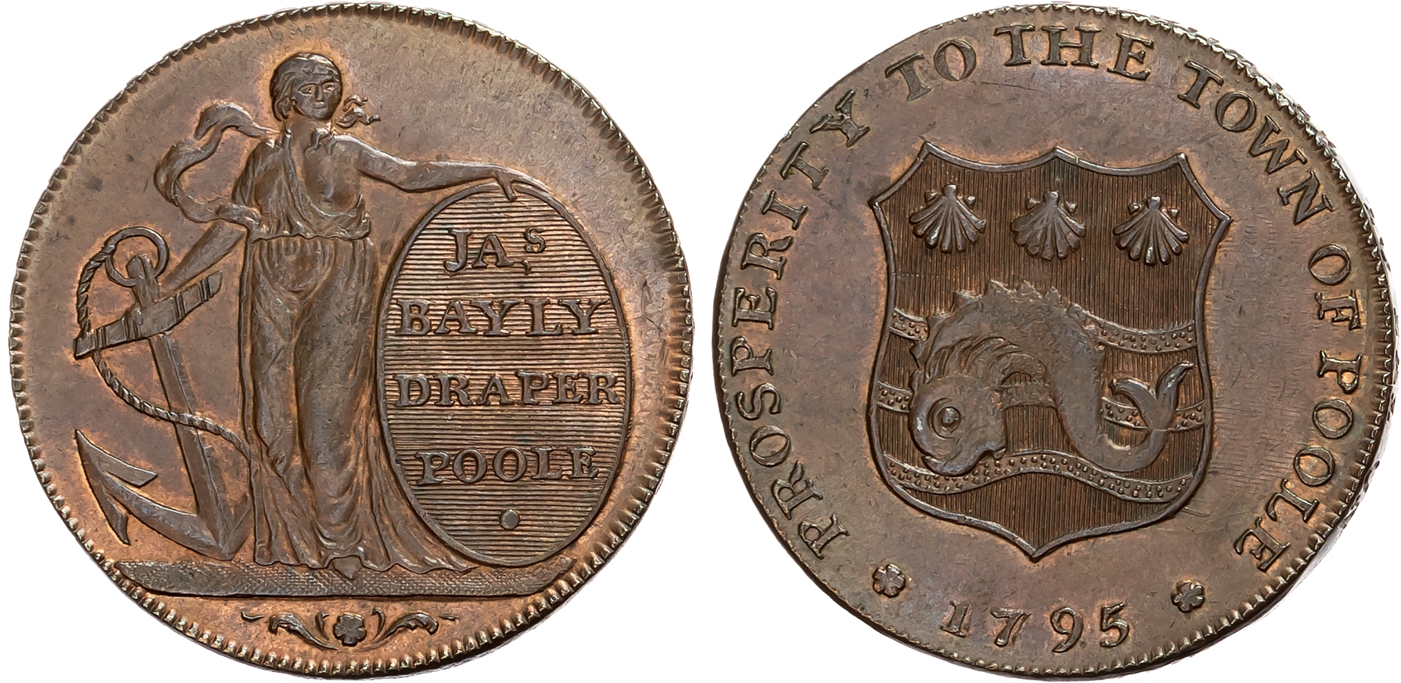 Dors. Poole, James Bayly (draper) Halfpenny 1795, Hope standing with anchor and advertisement , rev. town arms, edge I P …