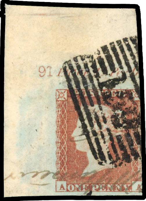 1841 1d Red-brown Pl.91. Used top left hand corner marginal example lettered AA
