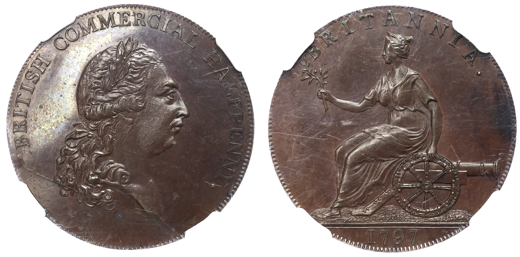 London, Political and Social Series , Pattern Commercial Halfpenny 1797 by Westwood, Laureate head of George III, rev. B …