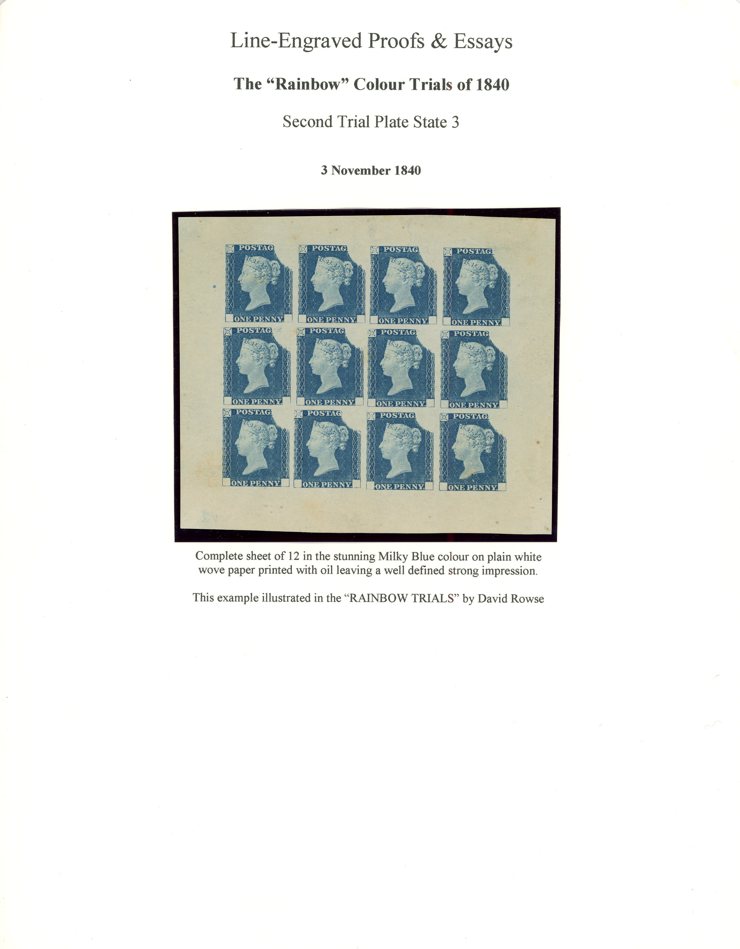 1840 1d 'Rainbow' Colour Trial, state 3, with voided corners, complete sheet of 12, milky blue, on plain white wove...