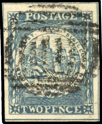 NEW SOUTH WALES: 1850 2d indigo (Plate 11) early impression with good to large margins on all sides and neat central 
