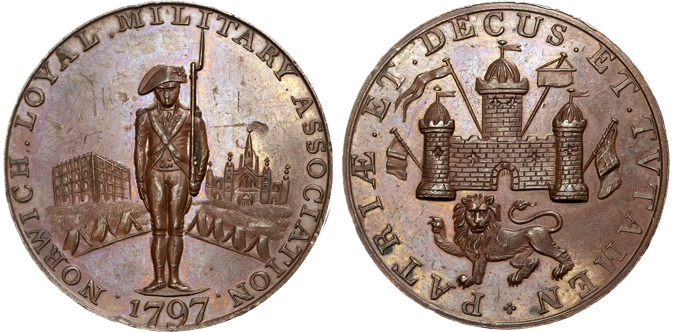 Norf. Norwich, Loyal Military Association Penny 1797, Fusilier standing before castle, rev . Arms of Norwich with castle …