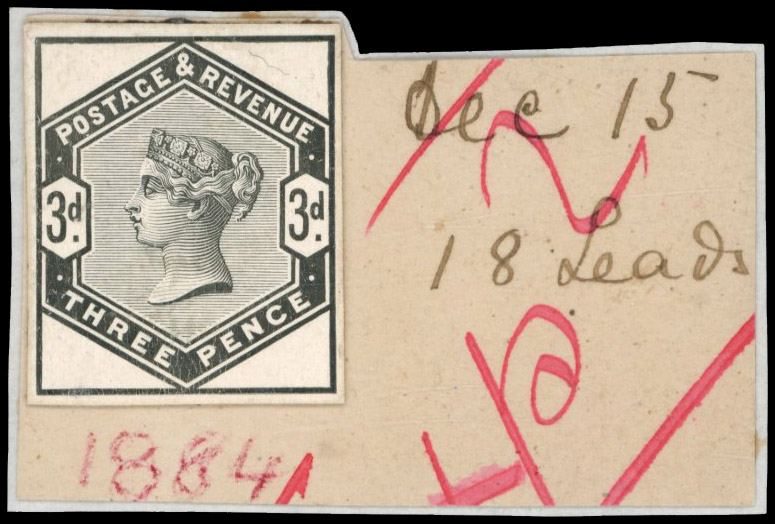 GB 1883-84 3d stamp sized die proof on striking book piece in connection with the 1884 Stamp Committee, For SG 191