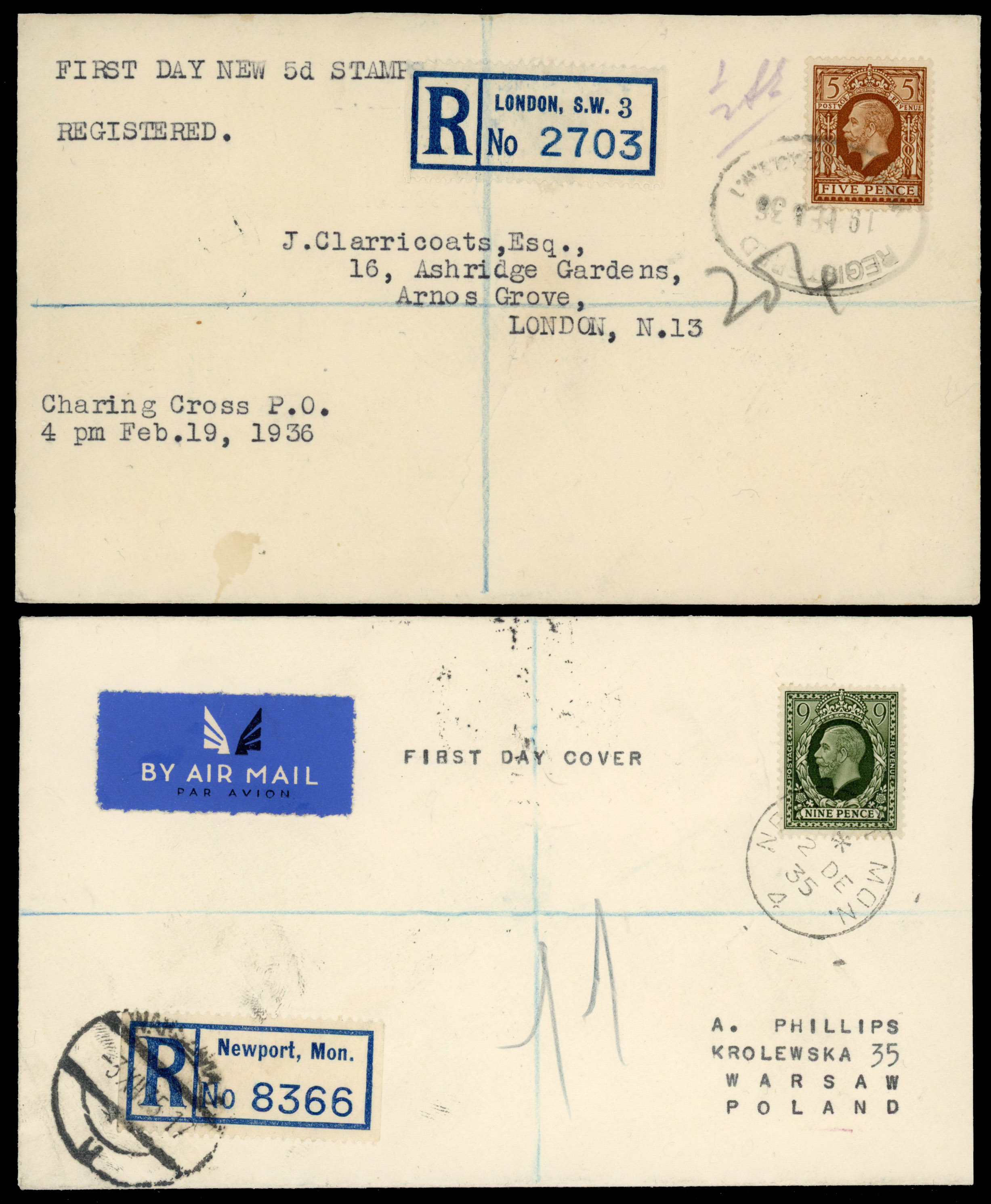 1934 Photogravure ½d to 1s set of nine envelopes all used on their respective day of issue