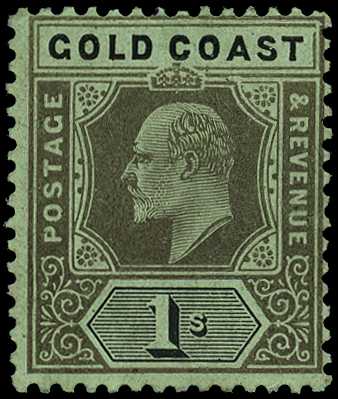 1909 1/- black on green paper, watermark...