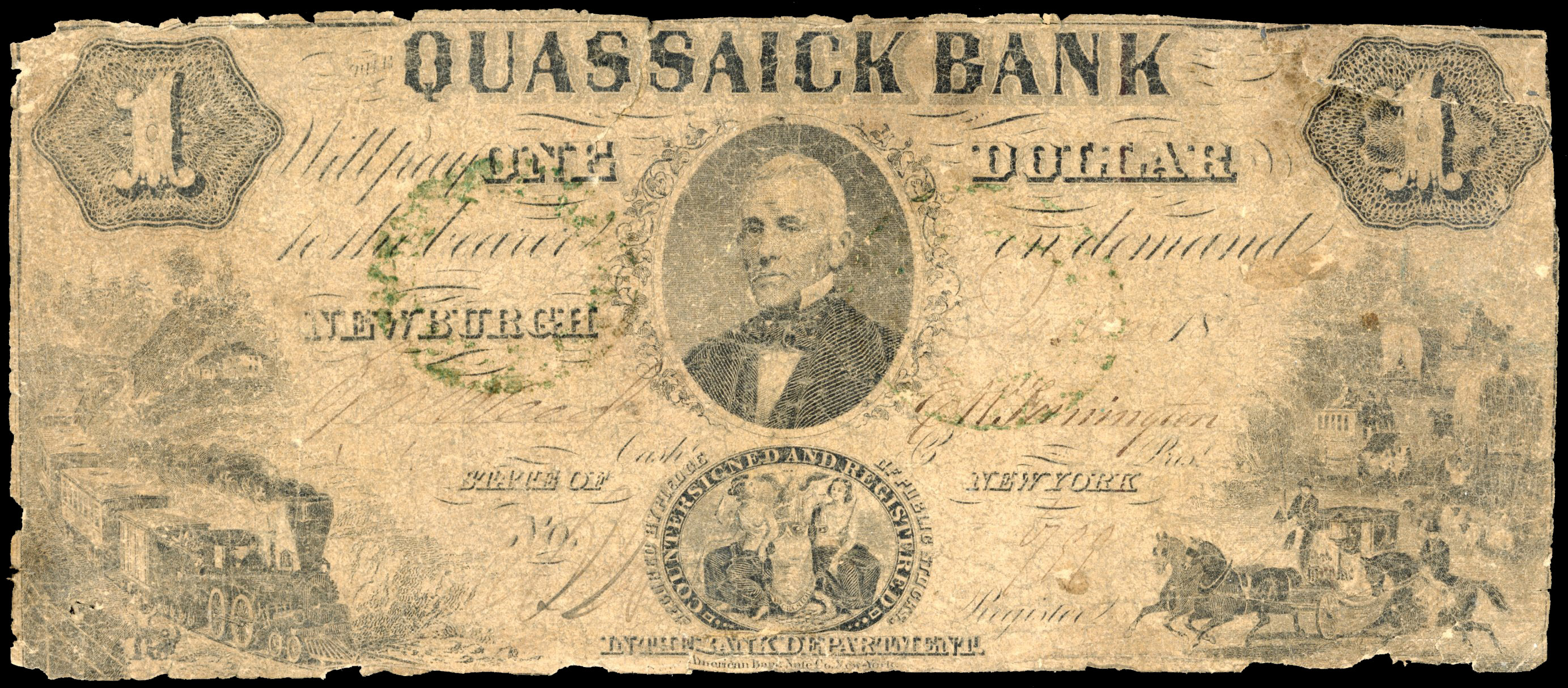 USA, NY. New York, Quassaick Bank, Uniface One Dollar, 1 Dec. 185?. Poor and repaired. Rare.…