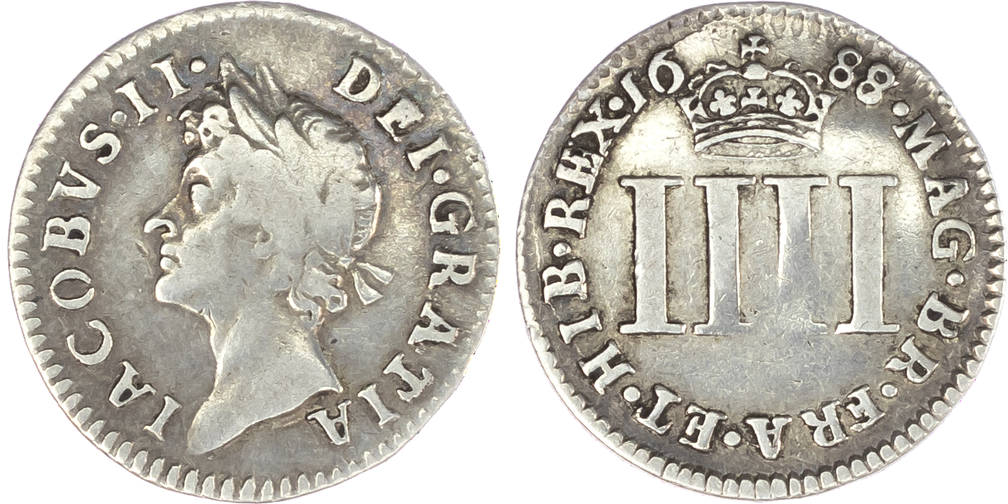 James II (1685-88), Maundy Set, 1688, Fourpence, Threepence, Twopence and Penny, laureate head left, legend surrounds