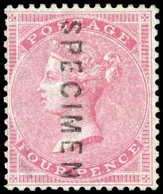 1856 Wmk Medium Garter 4d carmine on thick highly glazed paper, overprinted ‘SPECIMEN’