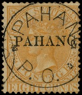 1889 2c orange overprinted Type 1, used with Pahang undated circle (Proud K1). Very pretty; a trifle toned on reverse. SG...