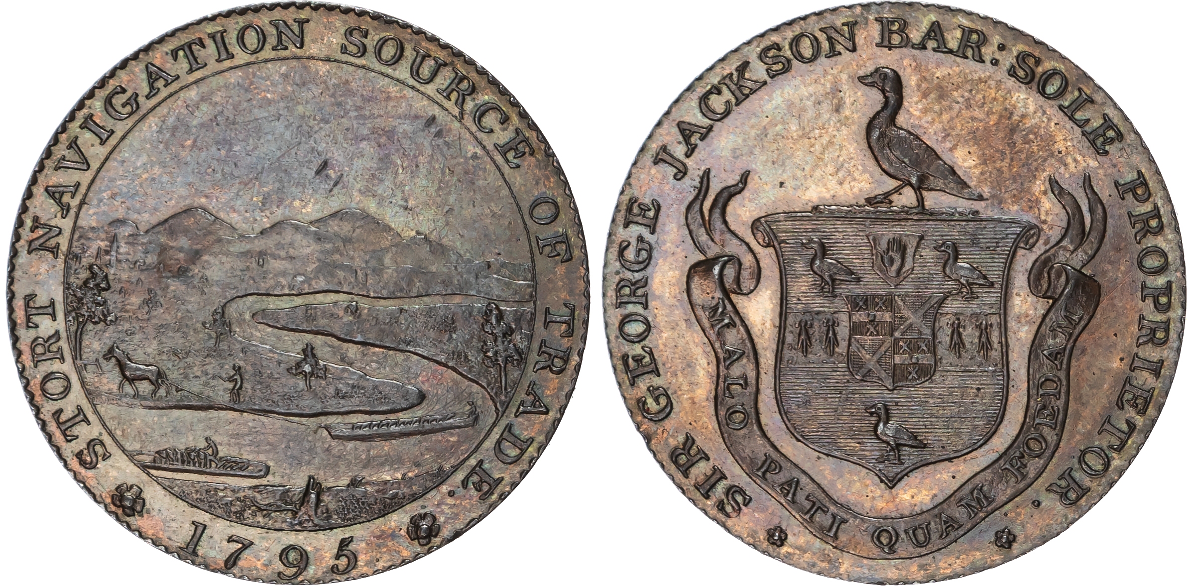 Herts . Bishop’s Stortford, Sir George Jackson Halfpenny 1795, Family crest and arms, rev. View of the Stort c…