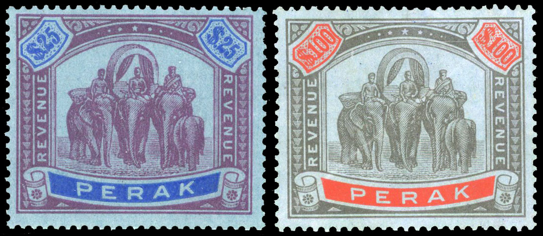 Malaya Perak Elephant Revenue $25 & $100 mint
