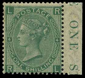 1867-80 1s green, Plate 4 (RL), right...