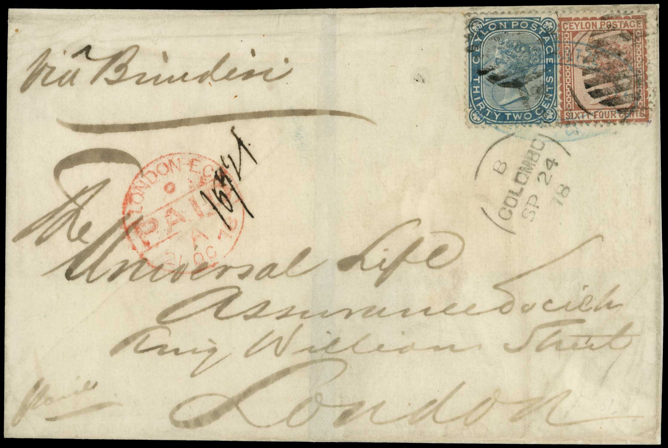 POSTAL HISTORY: 1878 triple U.P.U. rate cover...