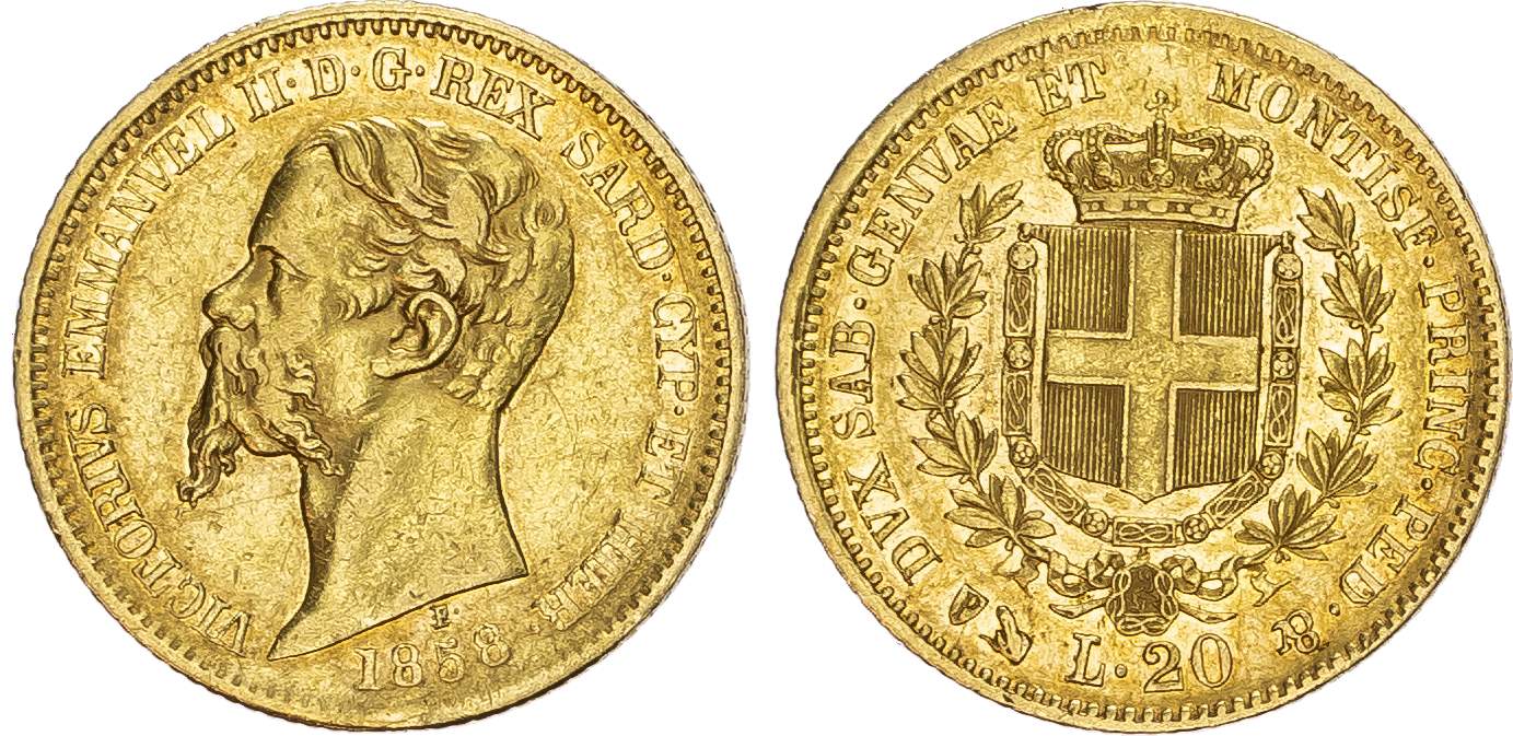 Italy, Vittorio Emanuele II (1849-1861), gold 20 Lire, 1858