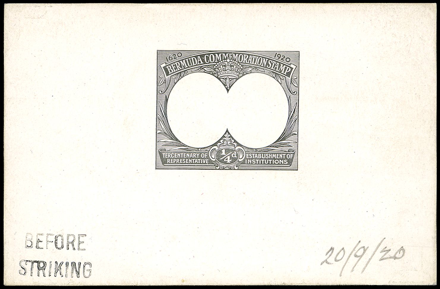 1920 ¼d frame of Tercentenary issue die proof,...