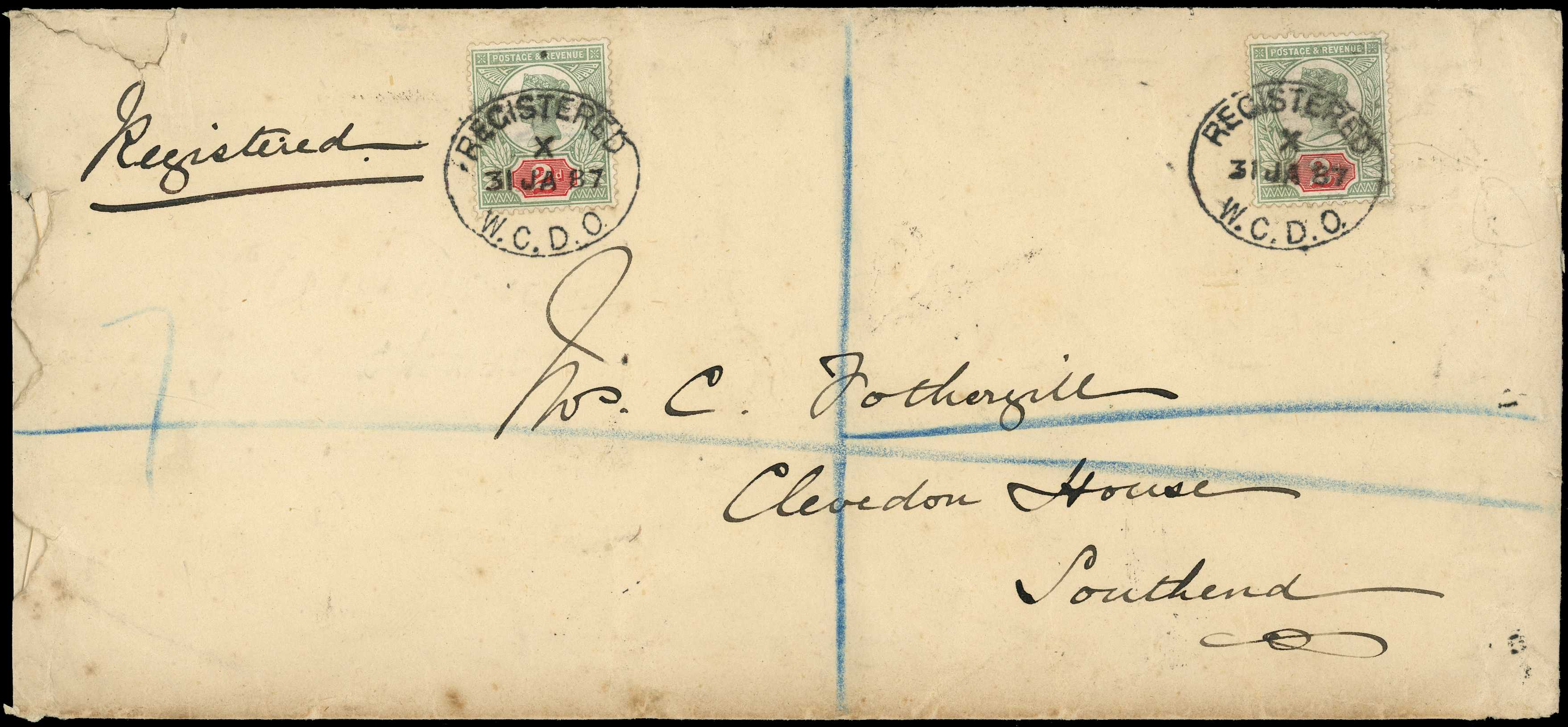 1887 registered cover (8¾ x 4") to Southend...