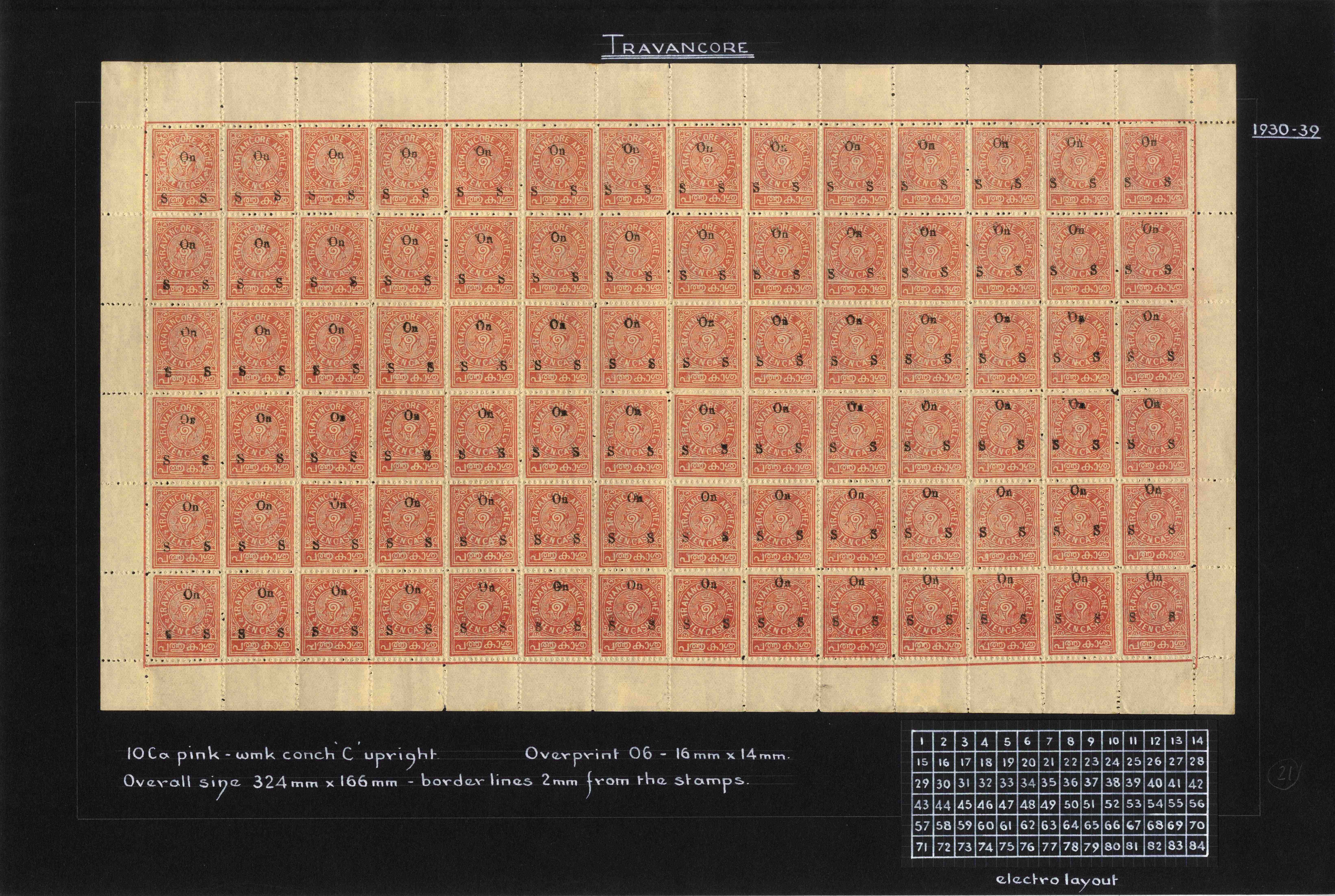 I.F.S. Travancore SG O44, 45, 45e, 48 Official sheets (4) unused