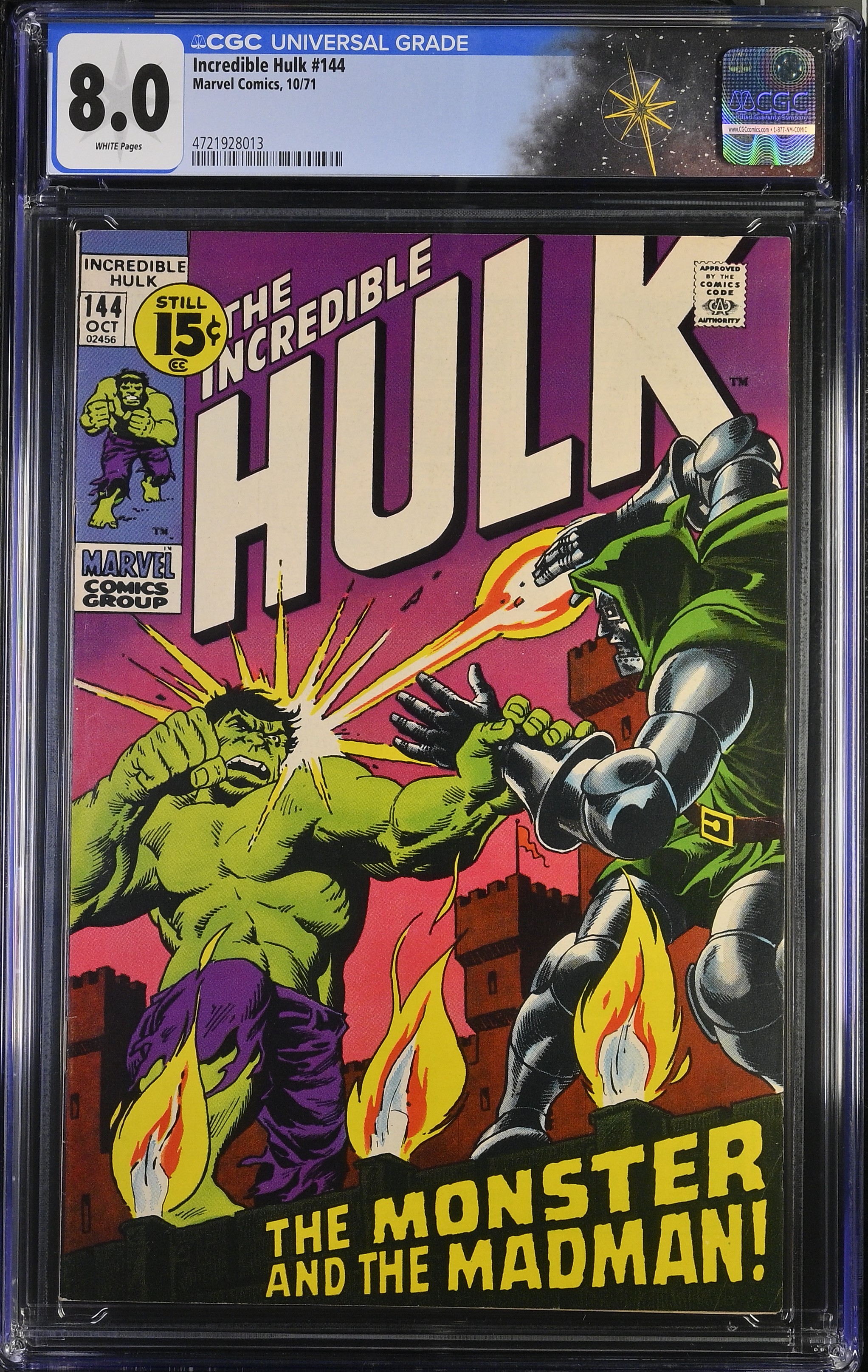 Incredible Hulk #144 CGC 8.0 “The Monster and the Madman!” Doctor Doom Cover (Marvel Comics, 1971) White Pages