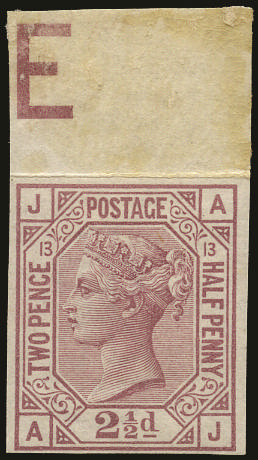 Great Britain 1875 2½d Rosy mauve Pl.13. Very fine and fresh unused o.g. top marginal imperforate imprimatur lette…