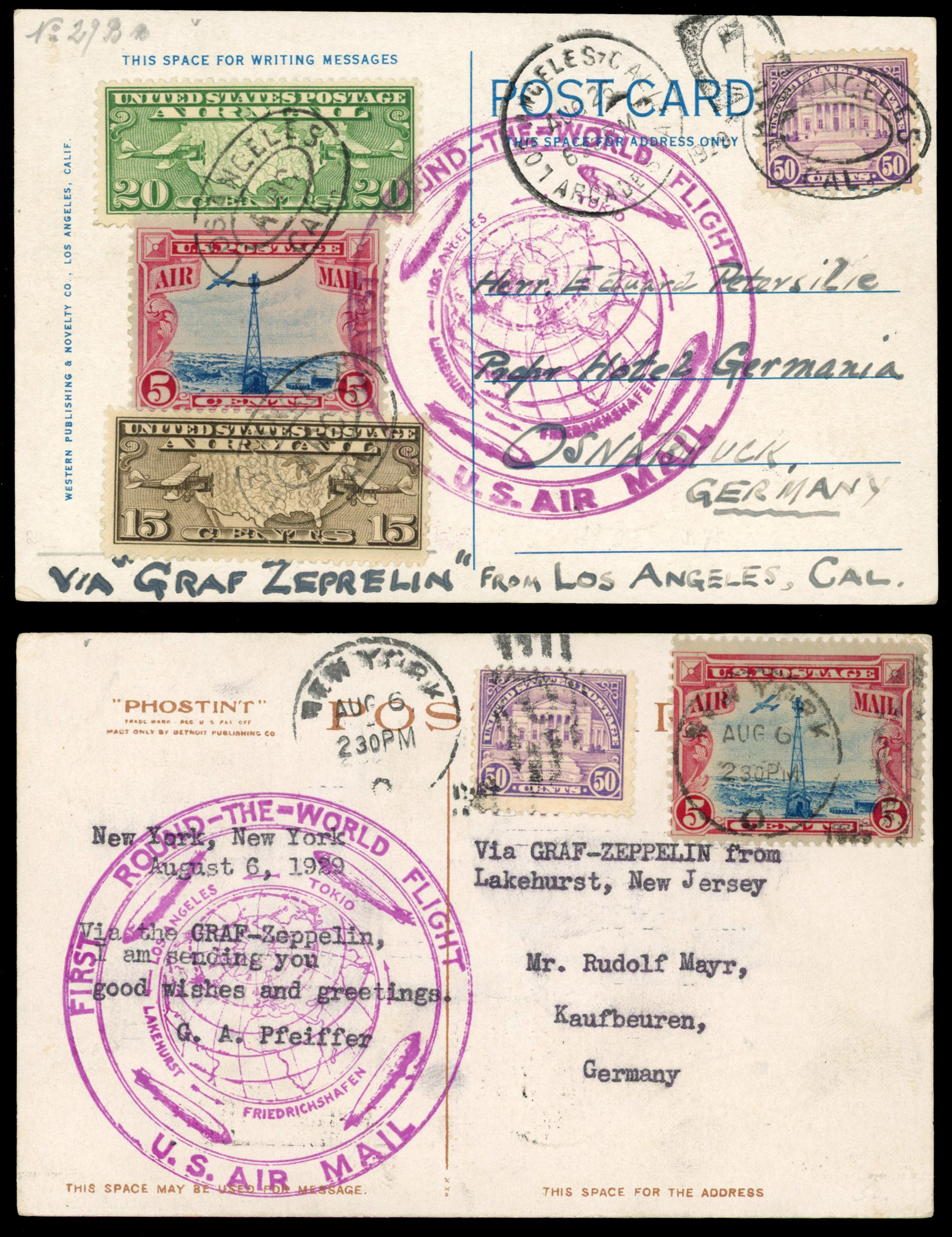 United States 1929 Zeppelin Flight cards x 3