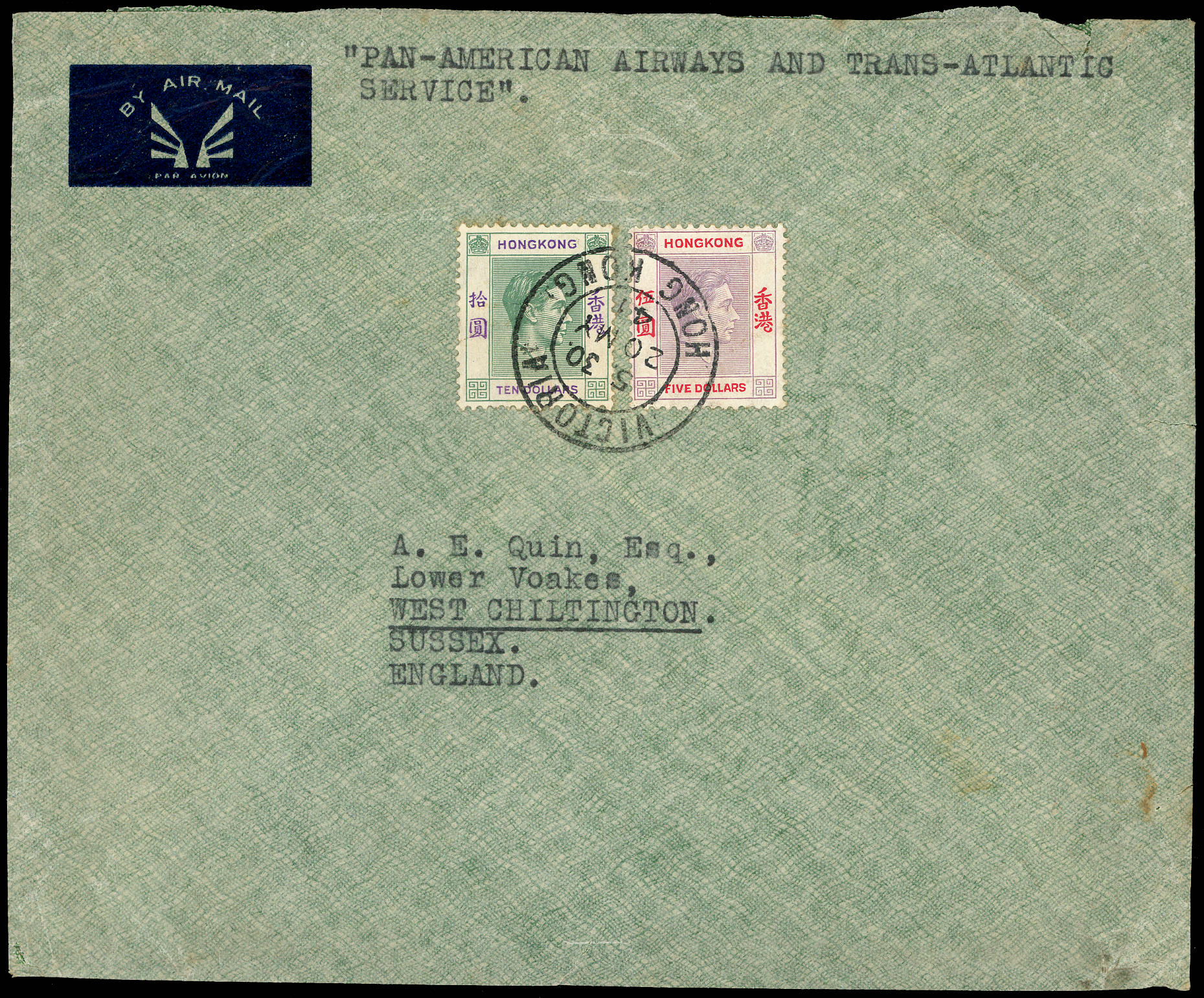HONG KONG 1941 cover from Victoria to England with KGVI $5 and $10