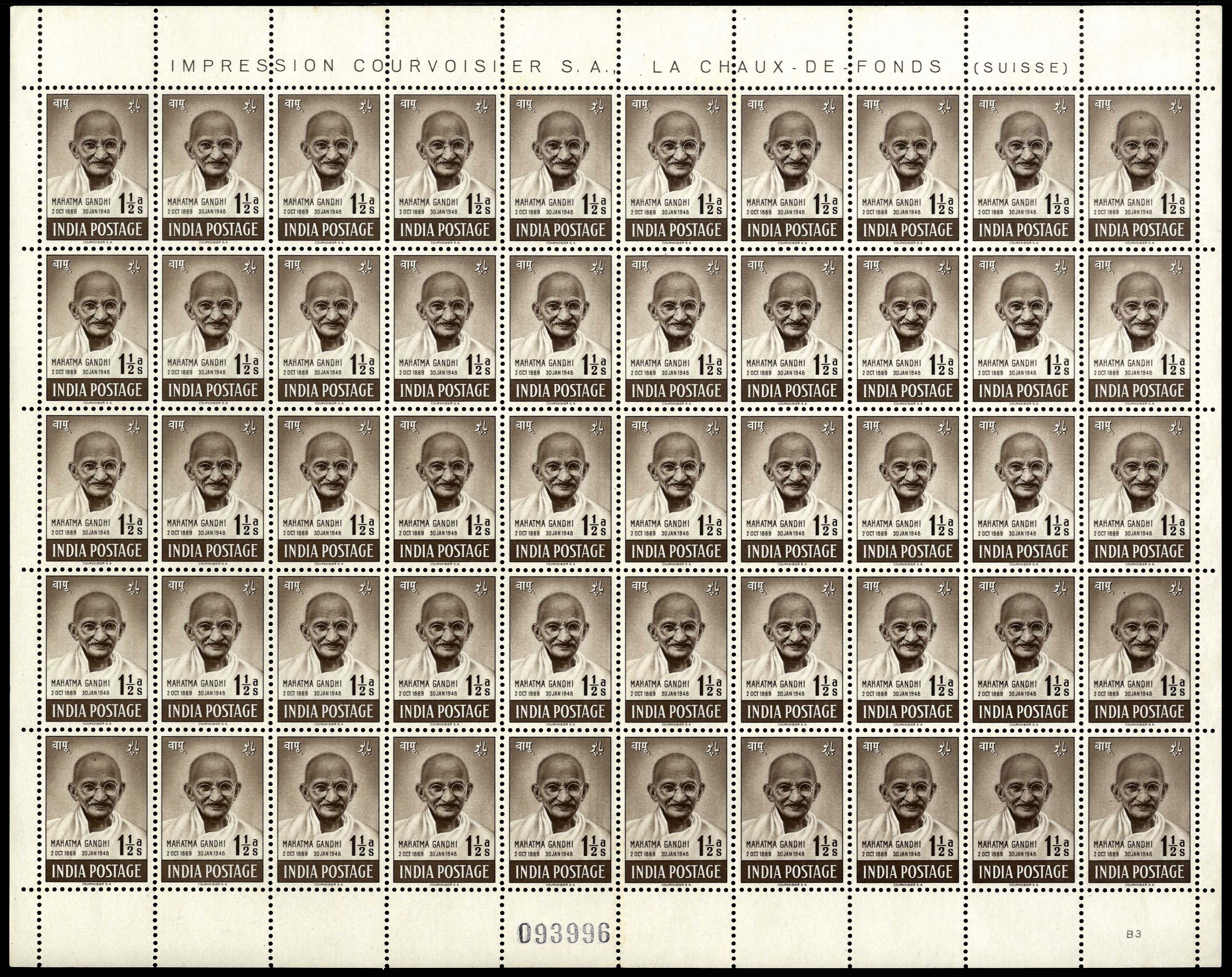 India 1948 Gandhi 1½a, 3½a and 12a in complete sheets of 50 mint SG 305-307