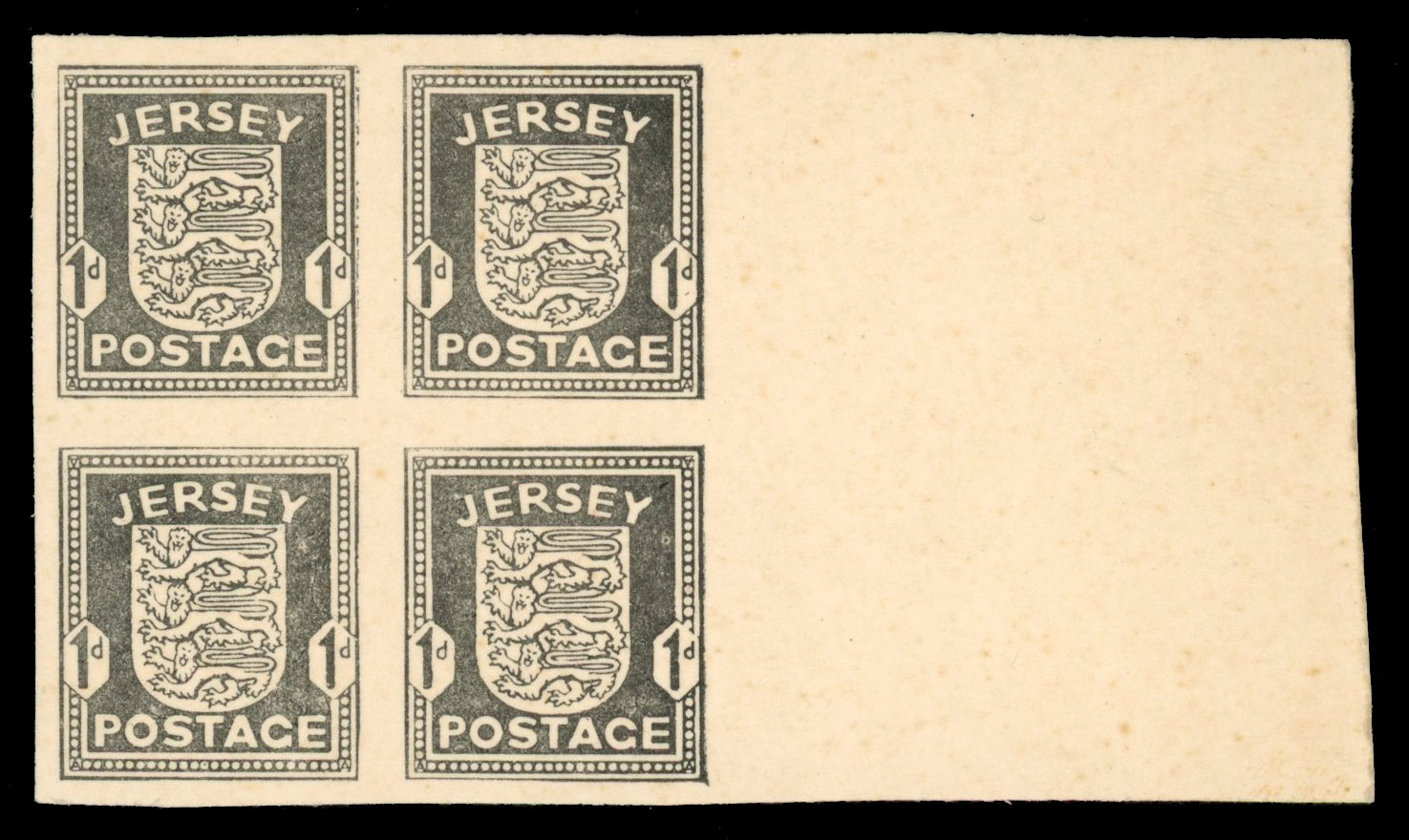 Jersey 1940 Arms 1d Plate proof block in black